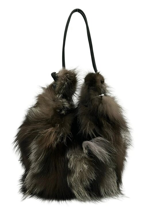 United Arrows Handbags - UNITED ARROWS Dark Brown Black Cream Fur Shoulder Bag